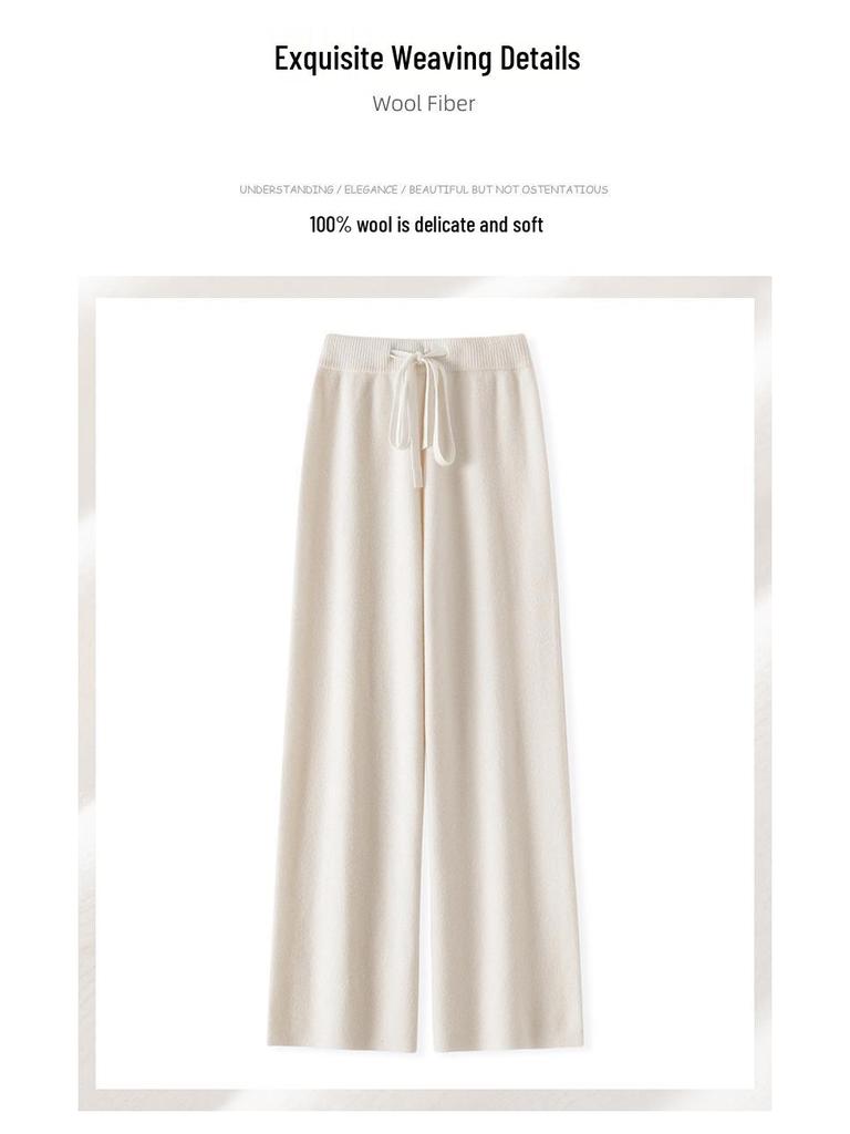 Женские шерстяные брюки с высокой талией и широкими штанинами: Осень/Зима, Плотный и Теплый, Повседневный, Длинный, Вязаный, Прямой крой.