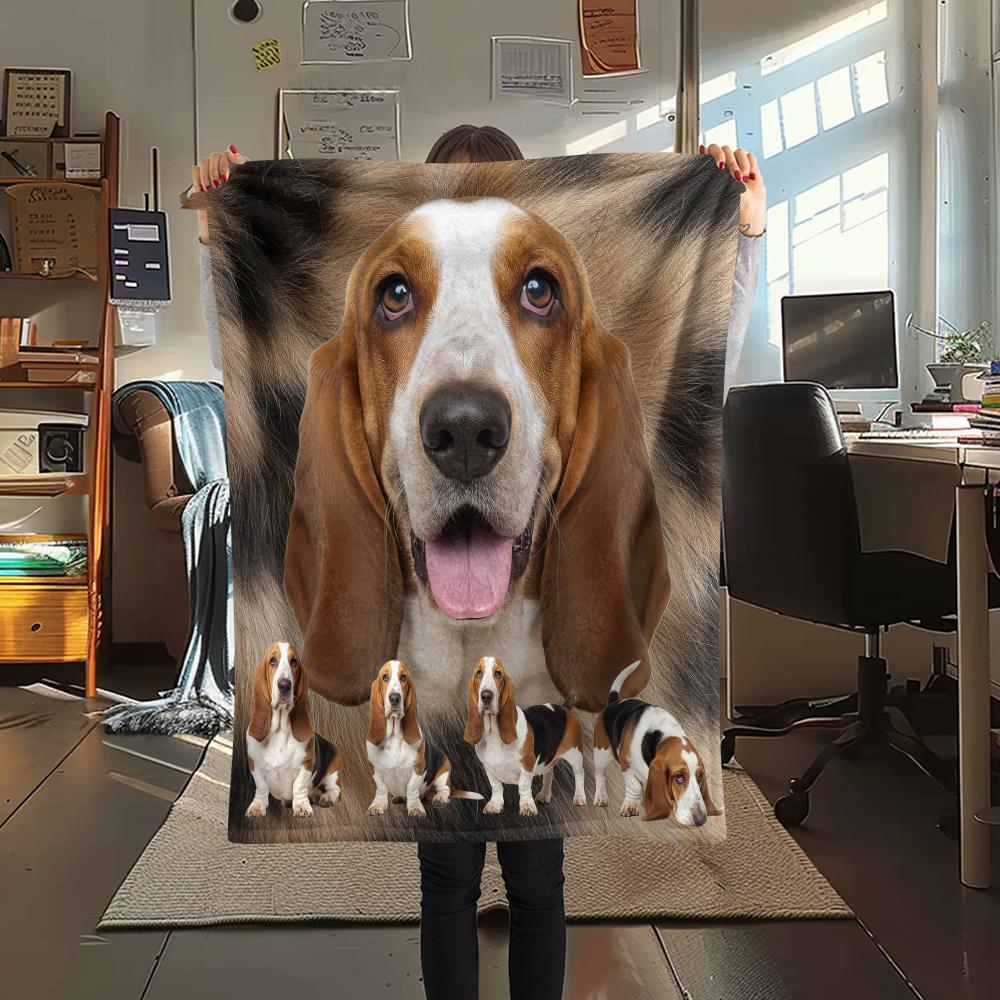 1Pc Basset Hound Print Flannel Blanket, High quality Comfortable for All Seasons, Home Decor, Warmth and Comfort, Perfect for Gifts