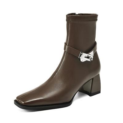 Сапоги женские с квадратным носком из микрофибры, зимние, на толстом высоком каблуке, современные, с металлическим украшением, на молнии, размер 42, эластичные, на щиколотке