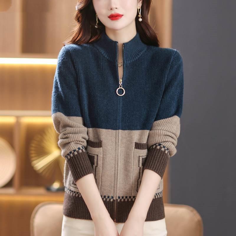 Elegant Mother Fashion Cardigan M Standard Spring and Autumn Contrasting Color Splicing Loose Zipper Sweater Jacket Stand-up Collar with Tide