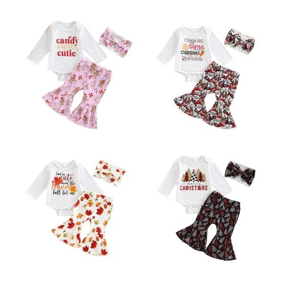 3 шт./комплект для девочек, верх, штаны, повязка на голову, костюм для детей от 0 до 18 месяцев, красочный принт, расклешенные брюки, боди с длинными рукавами и застегивающейся на пуговицы промежностью, одежда для малышей