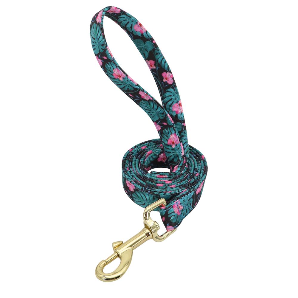 Custom Engraved Dog Collar With Leash Nylon Printed Dog ID Collars Pet Walking Belt For Small Medium Large Dogs Flower Accessory