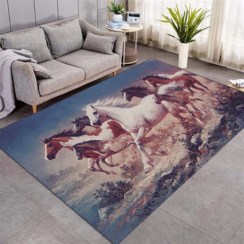 Galloping Wild Horses Area Rug, Group of Running Horses Oil Painting Print Non Slip Floor Rug for Living Room Bedroom Decor