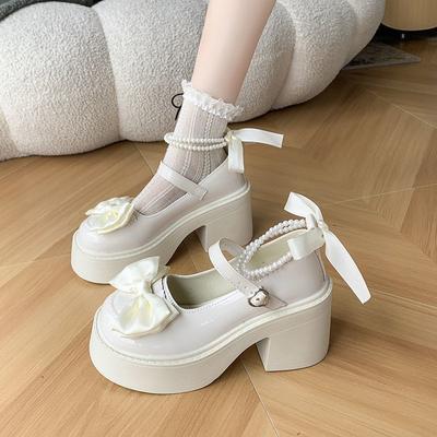 Женские туфли на высоком каблуке 2025 Высокое качество Квадратный каблук Круглый носок Мэри Джейн Бант Пряжка Платье Вечеринка Женские туфли на высоком каблуке