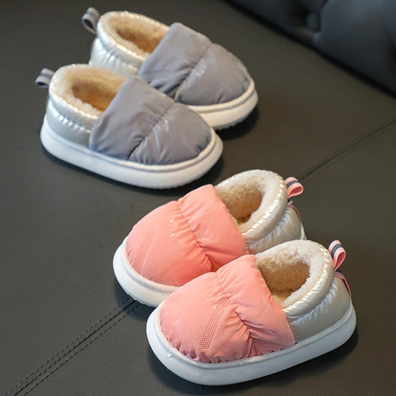 Детские зимние водонепроницаемые хлопковые тапочки, модные тапочки для малышей, мальчиков и девочек, нескользящая пятка, теплая плюшевая высокая домашняя обувь
