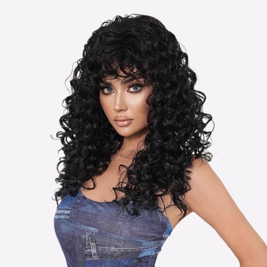TikTok Kinky Curly Wig с челкой - иссиня-черные афро-текстурированные синтетические волосы, термостойкие кудри 3C-4A, естественный вид, защитный стиль парика