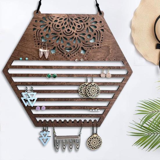 Yousheng Wooden Hanging Earring Holder Wall Decor Jewelry Organizer Vintage Earring Display Organizer for Women And Girls Earrings Necklaces