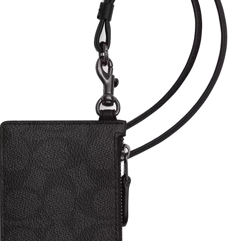 Coach Zip 8 Логотип Бренда Печать Покрытие Холст И Телячья Кожа Держатель Для Карт Мужской Держатель Для Карт Угольно-Черный CAJ46-QBMI5