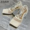 Fashion Eilyken Sexy Mesh Pumps Sandals Female Square Toe High Heel Lace Up Cross-Tied Stiletto Hollow Dress Shoes Zapatos Mujer