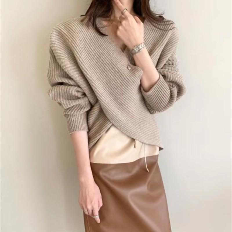 Temperament Simple cross-V-neck Loose Women's Sweater, Autumn and Winter Commuting All-match Elegant Women's Sweater Top