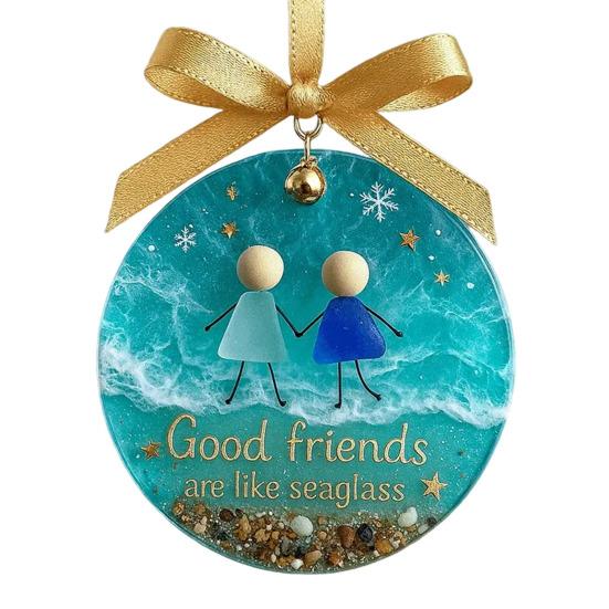 Sea Glass Friendship Ornament Handmade Sea Glass Art Friendship Keepsake Round Acrylic Christmas Tree Ornament for Xmas Party Decor
