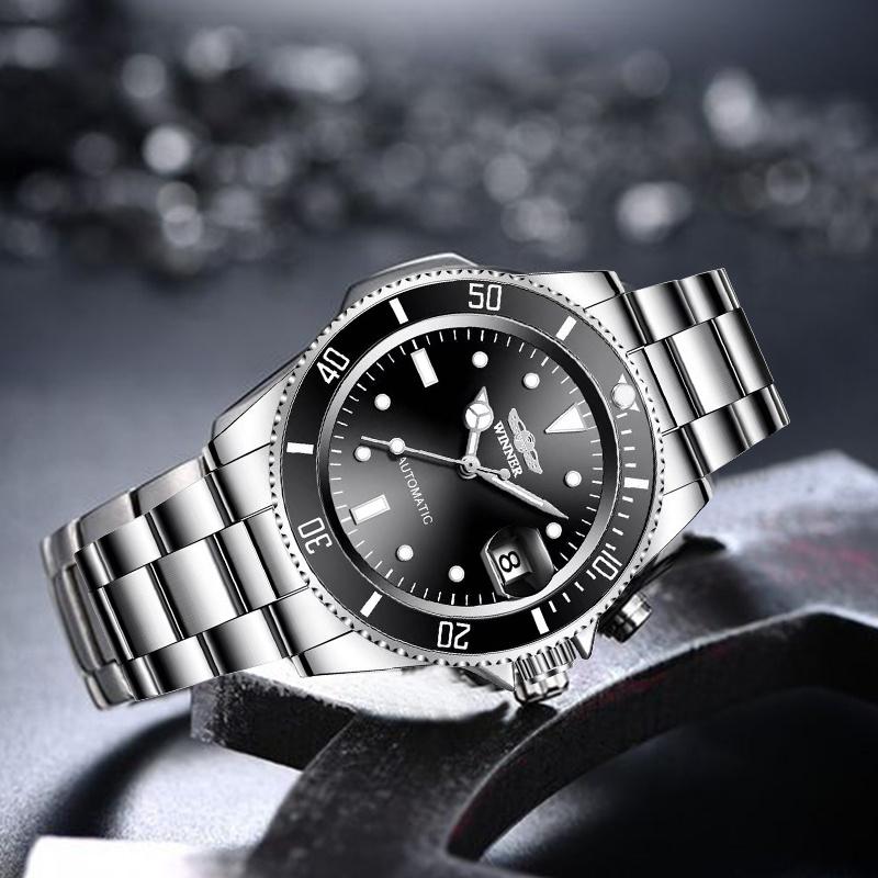 Winner Men's Automatic Mechanical Watch Waterproof Full Stainless Steel Strap Calendar Luminous Casual Business Watches For Men
