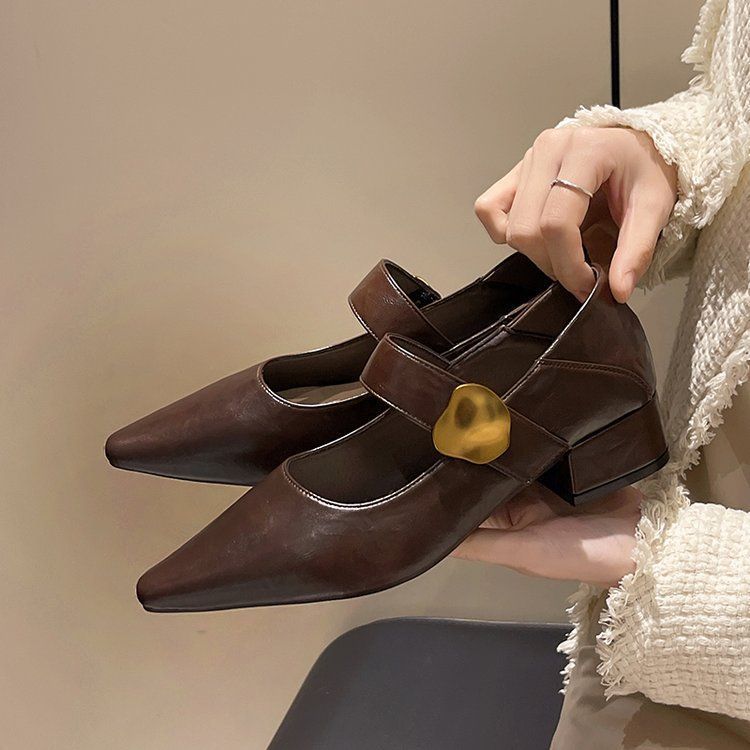 Туфли-лодочки с острым носом и неглубоким вырезом, женские, на среднем каблуке, новые весенне-осенние 2025 года, с французским темпераментом, на толстом каблуке, туфли Мэри Джейн в стиле ретро, маленькие ле