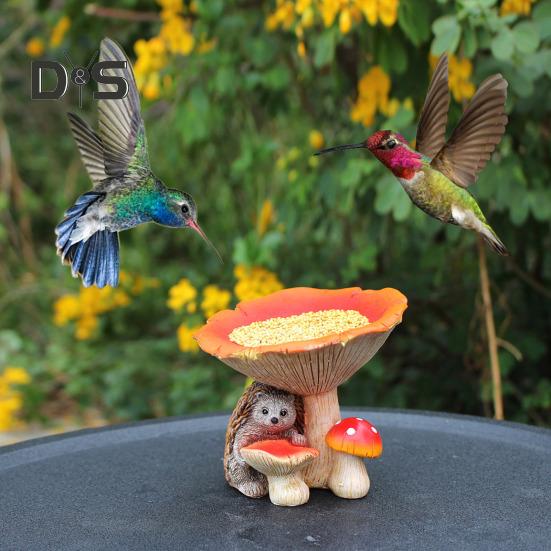 Кормушка для птиц в виде гриба из смолы, статуэтка ежа с чашей в виде гриба, украшение для сада, кормушка для птиц для открытого патио, газона, двора
