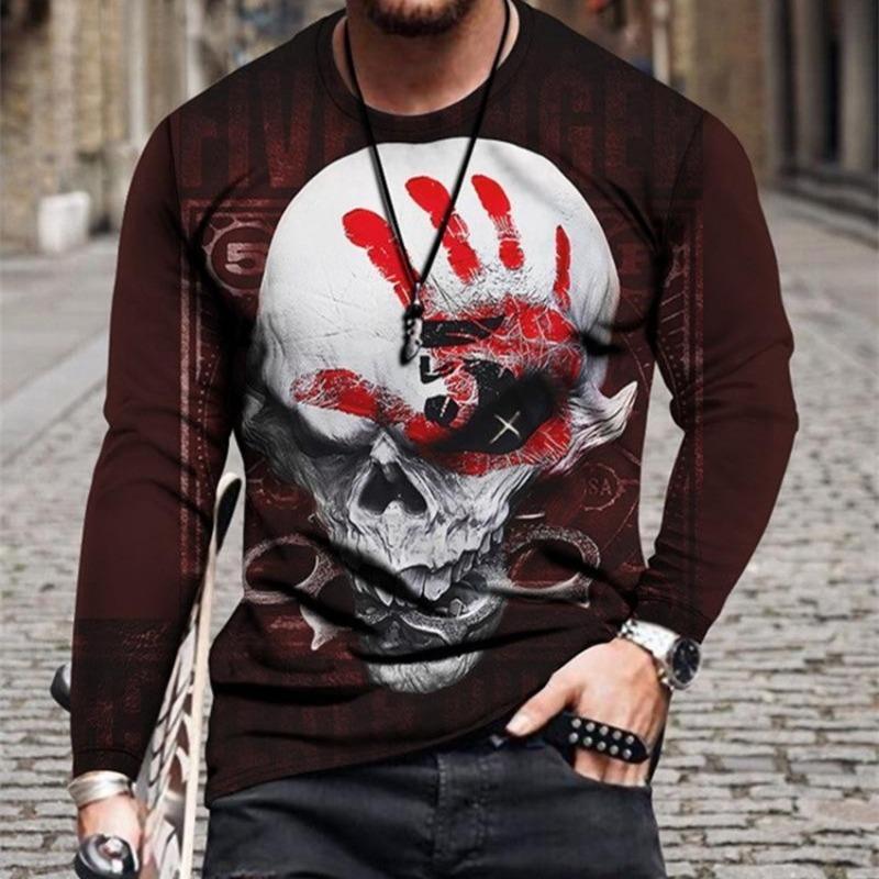 Spring and Autumn New Men's 3D Digital Printed Checkered Floral Long Sleeve Round Neck Minimally Casual T-shirt