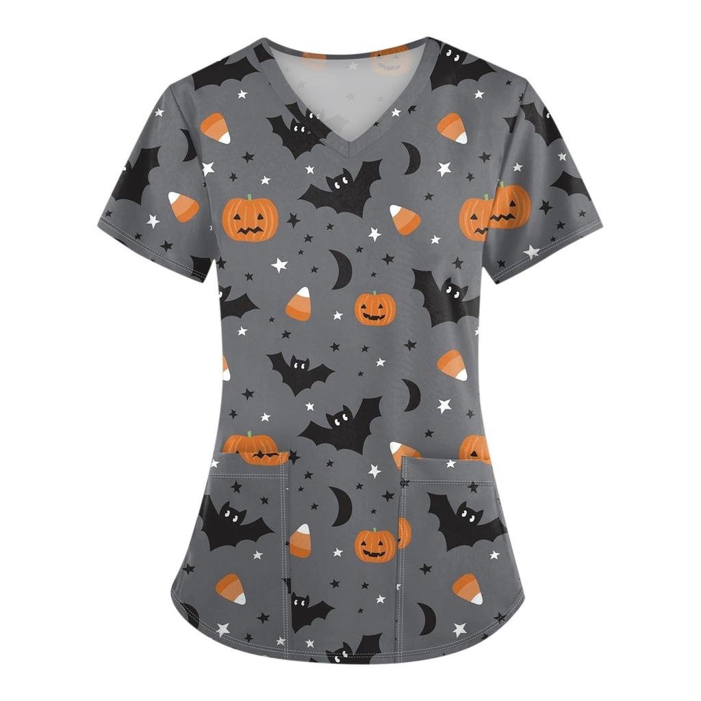 Женская униформа с коротким рукавом и принтом на Хэллоуин с V-образным вырезом и карманом