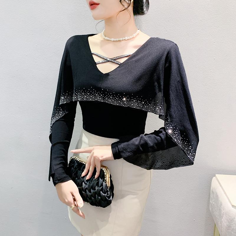 New Winter Mesh Heavy Industry Feels Ruffled Diamond Versatile Long-sleeved Women's T-shirt Base Shirt Top