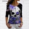 Длинные рукава Черепа и цветочный 3D принт Женские уличные хип-хоп футболки весна осень свободные повседневные топы с круглым вырезом большого размера