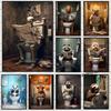 Funny Bathroom Dog Animal Sitting On The Toilet Reading A Newspaper Art Poster Canvas Painting Wall Prints Picture Home Decor