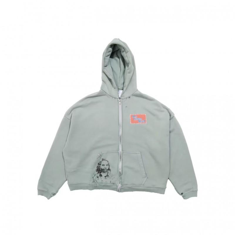 Unisex Oversized Drop-Shoulder Hooded Sweatshirt With Distressed Zipper Embroidered Patch Pocket - Fall Casual Wear