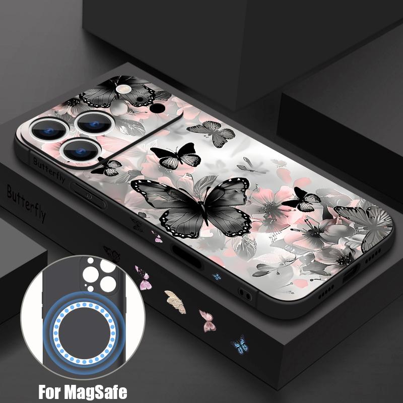 Для iPhone 17 Pro Max Чехол INS с узором из разноцветных бабочек и цветов, Магнитный, Для Magsafe, Мягкий чехол Для iPhone 16 15 14 13 Pro Max 17E 16E