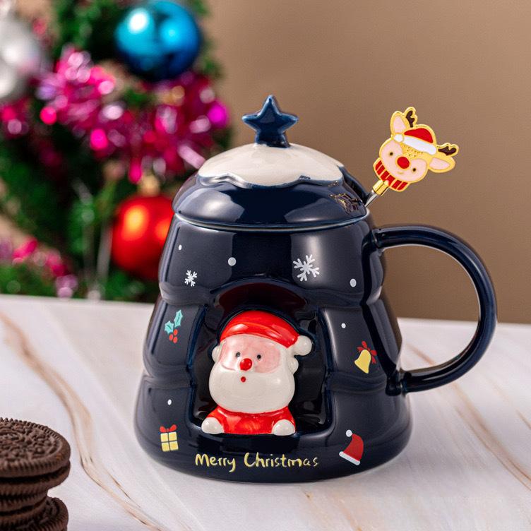 Creative Relief Christmas Tree Ceramic Cup High Looking Mug Cute Cartoon Christmas Cup Gift Christmas Water Cup