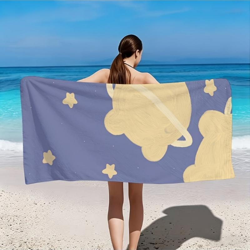 2D Flat - 1pc Starry Sky Cream-Colored Cloud and Stars Beach Towel | Soft, Skin-Friendly, Non-Shedding, Easy to Clean, Durable
