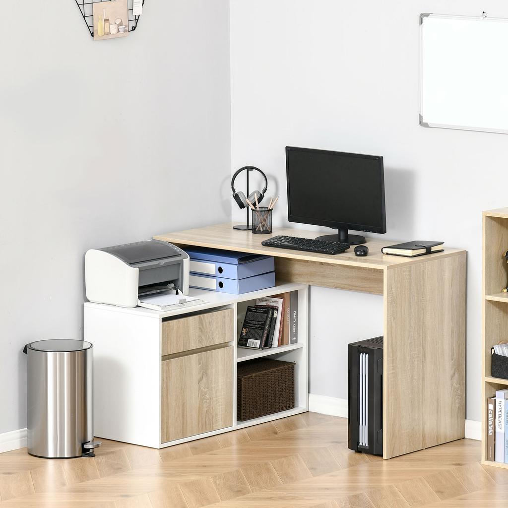 L-Shaped Desk, Corner Computer Desk with Storage Drawer, Adjustable Shelf, Cabinet for Home Office and Study, 120 x 92 x 75cm, Oak and White