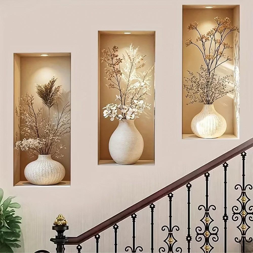3pcs Modern Simulated Vase Niche Wall Stickers 3D Effect Wall Stickers Sofa Background Wall