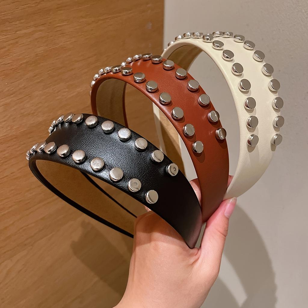 1Pc Women'S Fashionable High-End Large Rivet Leather Wide-Brimmed High-Crown Headband, Suitable For Everyday Casual Wear, Versatile For Concealing