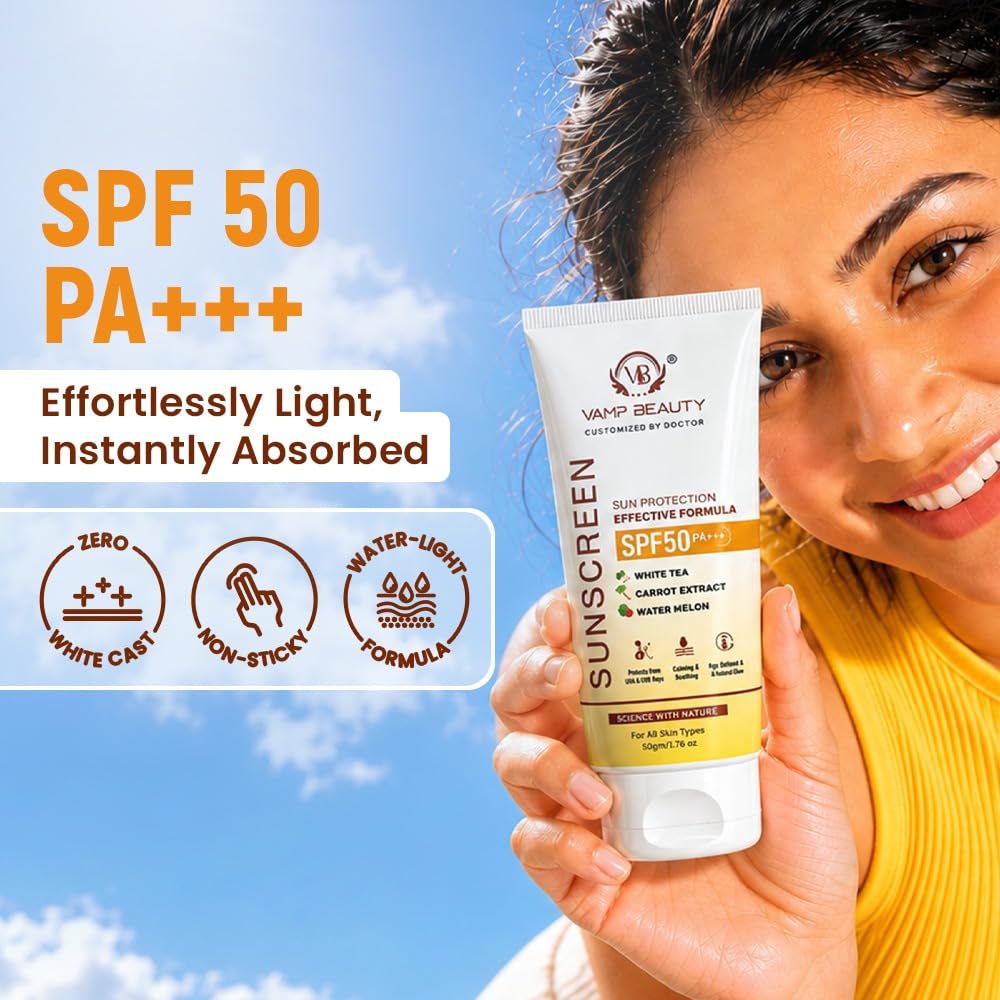 Солнцезащитный крем Vamp Beauty SPF 50 PA+++ с Белым чаем, Экстрактом моркови и Арбузом | Широкий спектр защиты от UVA и UVB | Легкий и нежирный для
