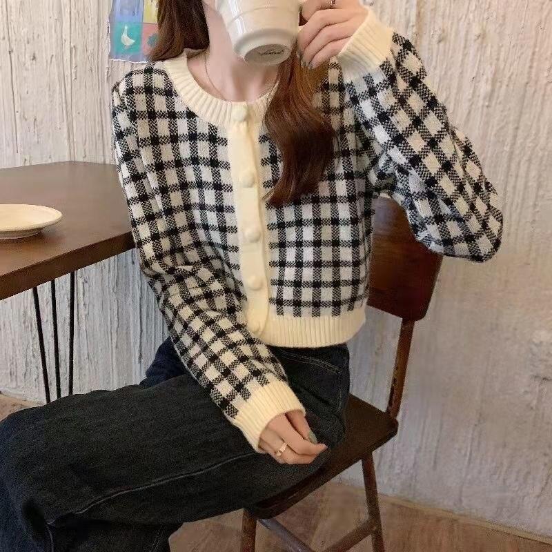 Кардиган, свитер, клетчатый весенне-осенний французский нежный короткий вязаный кардиган, топ с круглым вырезом, 2023, повседневный женский свитер