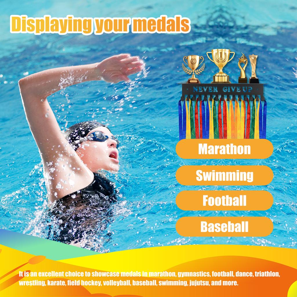 Medal Display Rack Wall-Mount Metal Sports Football Awards Display Shelf with Inspirational Words Anti-Rust Hanger Decorative