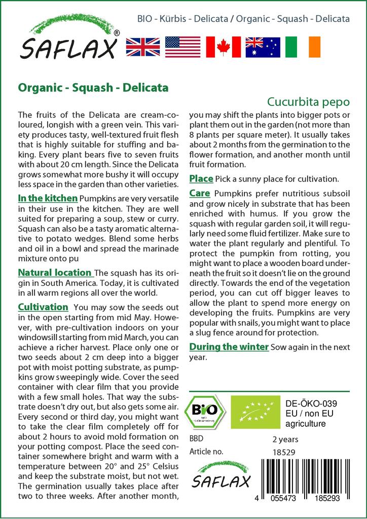 SAFLAX Garden in the Bag - Organic - Кабачки - Delicata - 6 семян - С субстратом в подходящем пакете - Cucurbita pepo