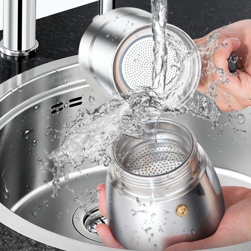 JUSTINLAU 4/6 Cups Transparent Moka Pot Household Espresso Coffee Brewing Kettle for Electric Stove Stainless Steel Moka Pot