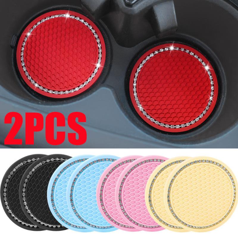 2PCS Car Interior Water Cup Pad Diamond Rhinestone Bling Decoration Anti-Skid Cup Bottle Non-slip Coaster Auto Accessories