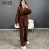 INDFS Women's Fashion Casual Spring Fall Solid Color Print Long Sleeve POLO Neck Blouses & Shirts Trousers Pants Suits