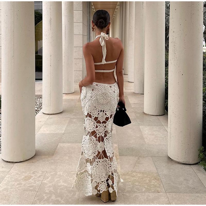 Вязаное крючком ажурное платье макси с бретельками через шею, модное женское облегающее сексуальное платье с открытой талией и открытой спиной, летнее пляжное платье