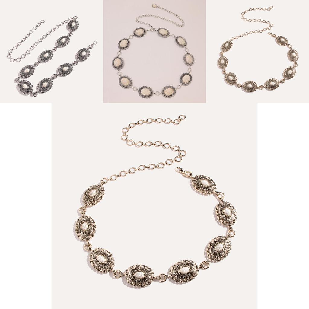 Металлический пояс в готическом стиле с замысловатой гравировкой и акцентом из имитации белой бирюзы для женщин