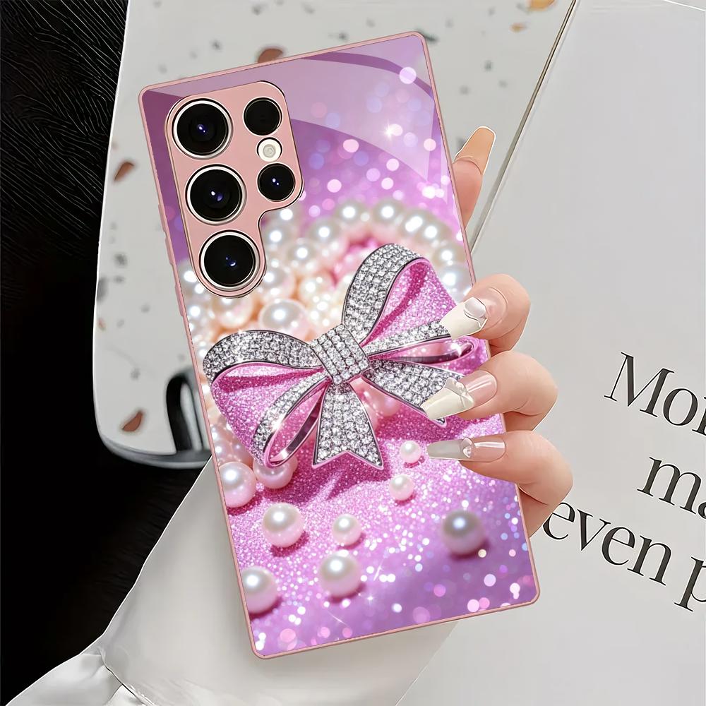 Diamond bow metal paint glass phone case suitable for Samsung Galaxy S26 S25 S24 S22 S21 S20 FE/Ultra/Plus anti drop back cover