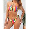 Радужный полосатый комплект бикини Женский Летний Новый Купальник из двух частей Халтер На шнуровке Купальник Модный Без рукавов Пляжная одежда для купания
