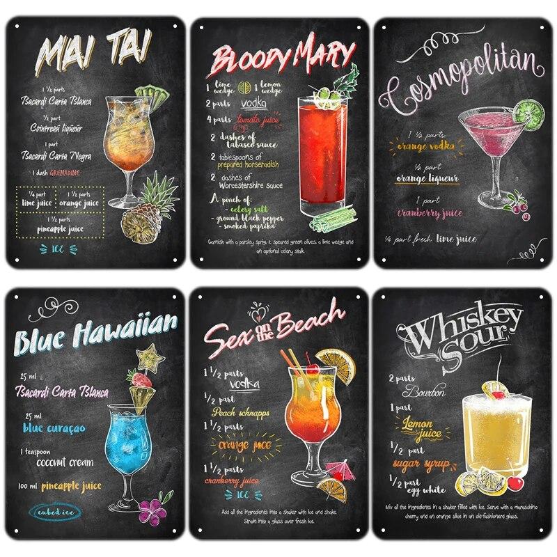 Vintage Bloody Mary Poster Tin Sign Retro Whiskey Sour Cocktail Metal Plaque Tiki Bar Pub Kitchen Home Decor