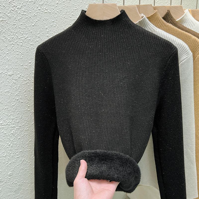 Новый женский стиль полуводолазки плюс пушистый свитер для зимней внутренней одежды, встроенная бархатная трикотажная рубашка с длинными рукавами