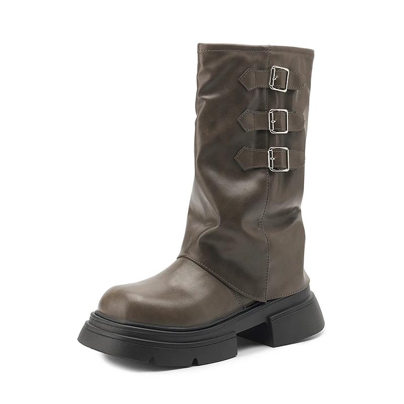 Women's Thick Sole Knight Boots Square Heel Round Head Platform Shoes Turned-over Edge Middle Tube Botas De Invierno Para Mujer