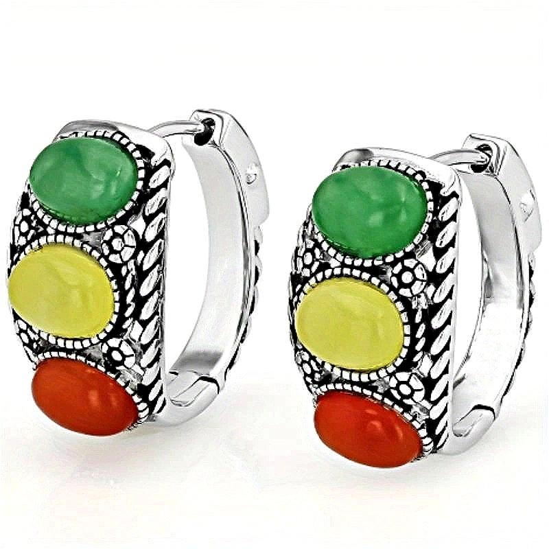Винтажные Посеребренные Ручной Резьбы Текстовые Цветные Синтетические Бирюзовые Серьги-Кольца Женские Бохо Стиль Банкетные Украшения Поделки