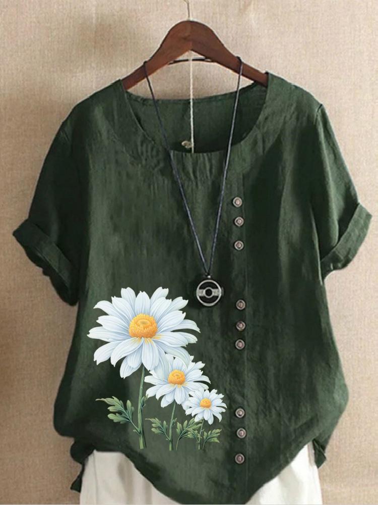 Women's Summer Round Neck Short Sleeve T-shirt Casual Cotton Linen Graphic Shirt Leisure Fashion Loose Daisy Prined Blouse Tops Plus Size