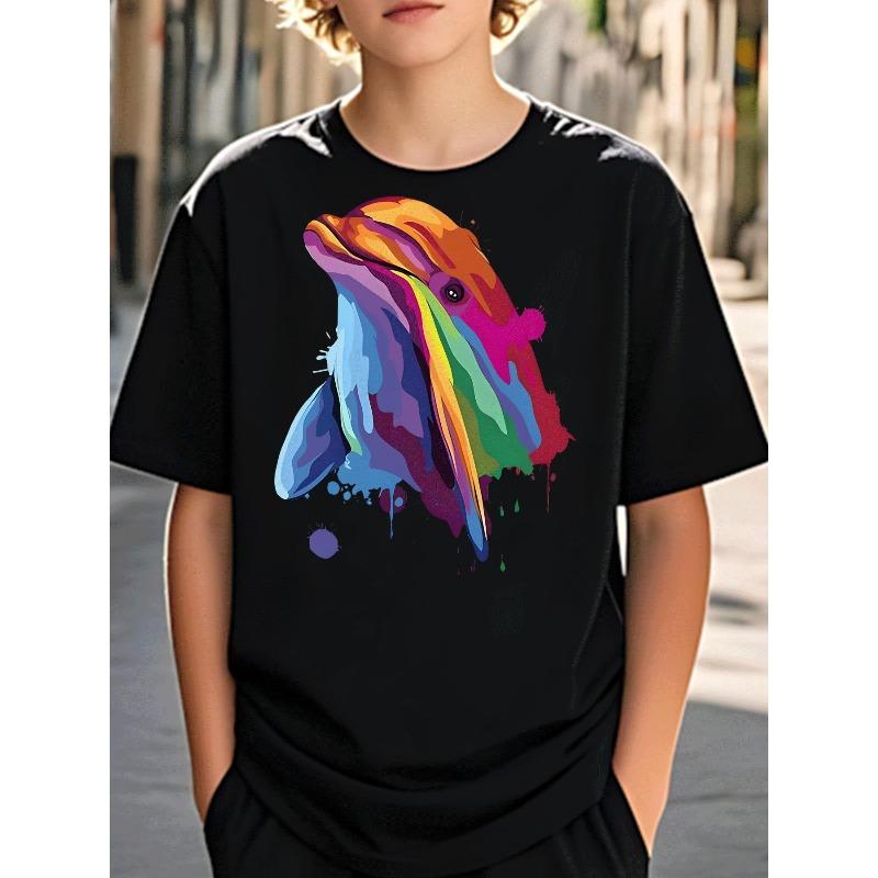 European sizes T-Shirt Boys Clothing Casual Trendy Colorful Paint Splash Dolphin Graphic Kids Wear for Boys Ages 5-13 Party Outfit Holiday Gift