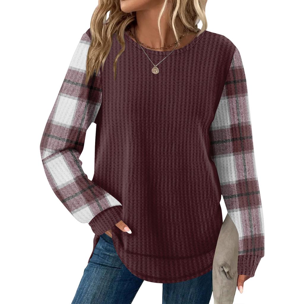 Женский повседневный топ свободного кроя с круглым вырезом и длинными рукавами в клетку