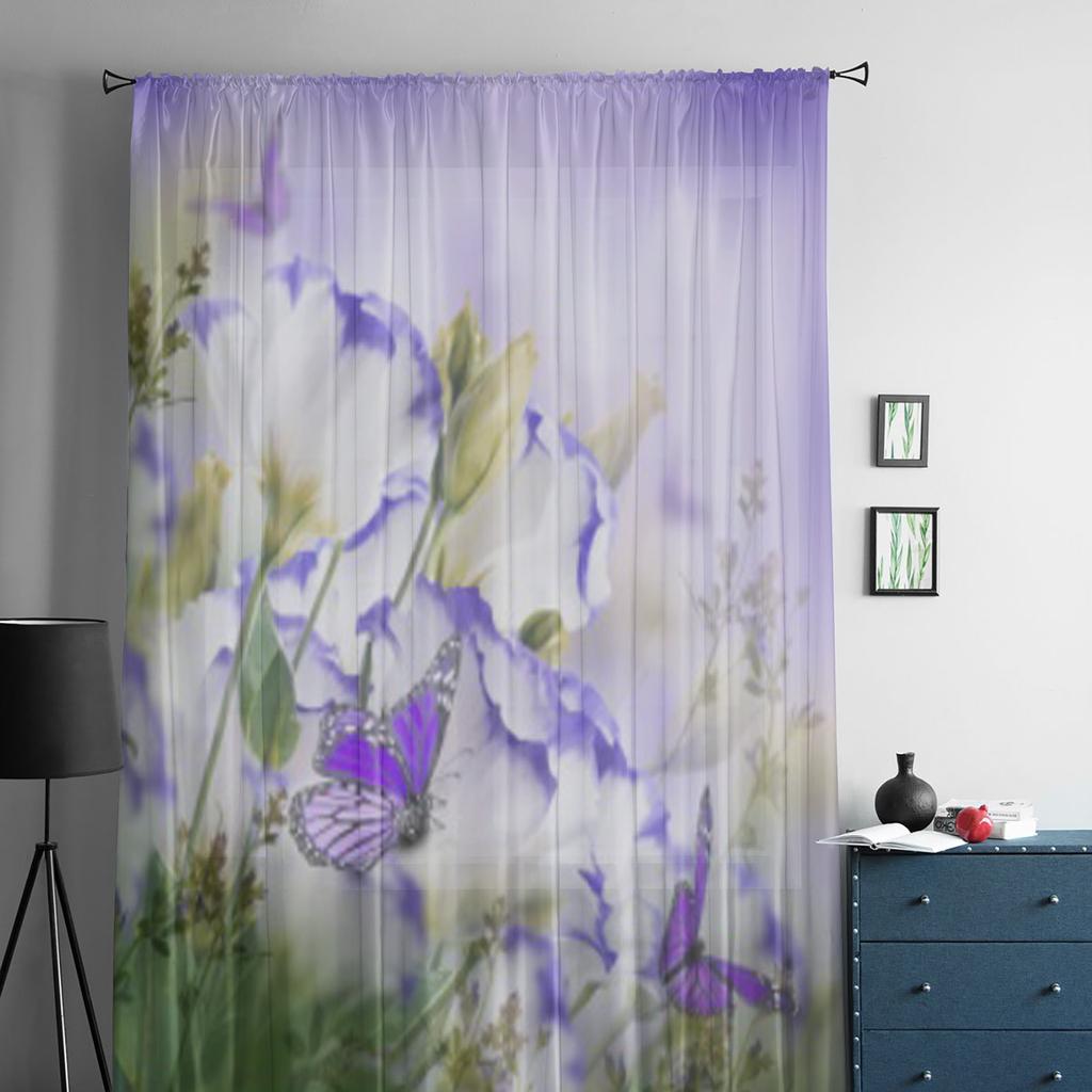 Roses And Butterfly Floral Flower Purple Tulle Sheer Curtains for Living Room Bedroom Kitchen Decoration Voile Organza Curtains