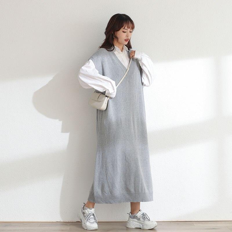 DIMANAF Женское платье-свитер Зима Осень Большой размер Новый вязаный жилет без рукавов с V-образным вырезом Женский базовый однотонный свободный пуловер
